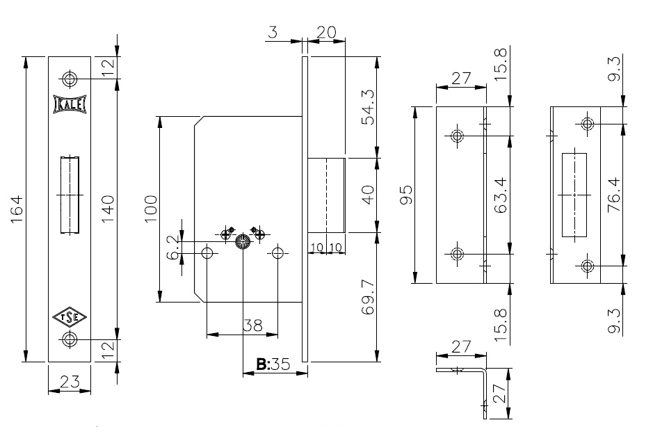Замок врезной крестообразный 157/F (35 mm) (латунь), 3 кл.