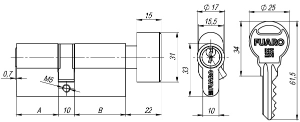 Цилиндровый механизм с вертушкой R302/60 mm-BL (25+10+25) PB  латунь 5 кл. БЛИСТЕР