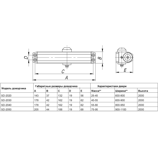 Доводчик дверной SDC2040 (SD-2040) AL 55-80 кг (алюминий)