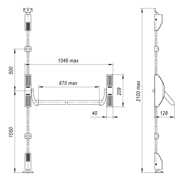 Ручка-штанга нажимная AP.1700C push-bar (ANTI-PANIC 1700С) с тягами для двухстворчатых дверей
