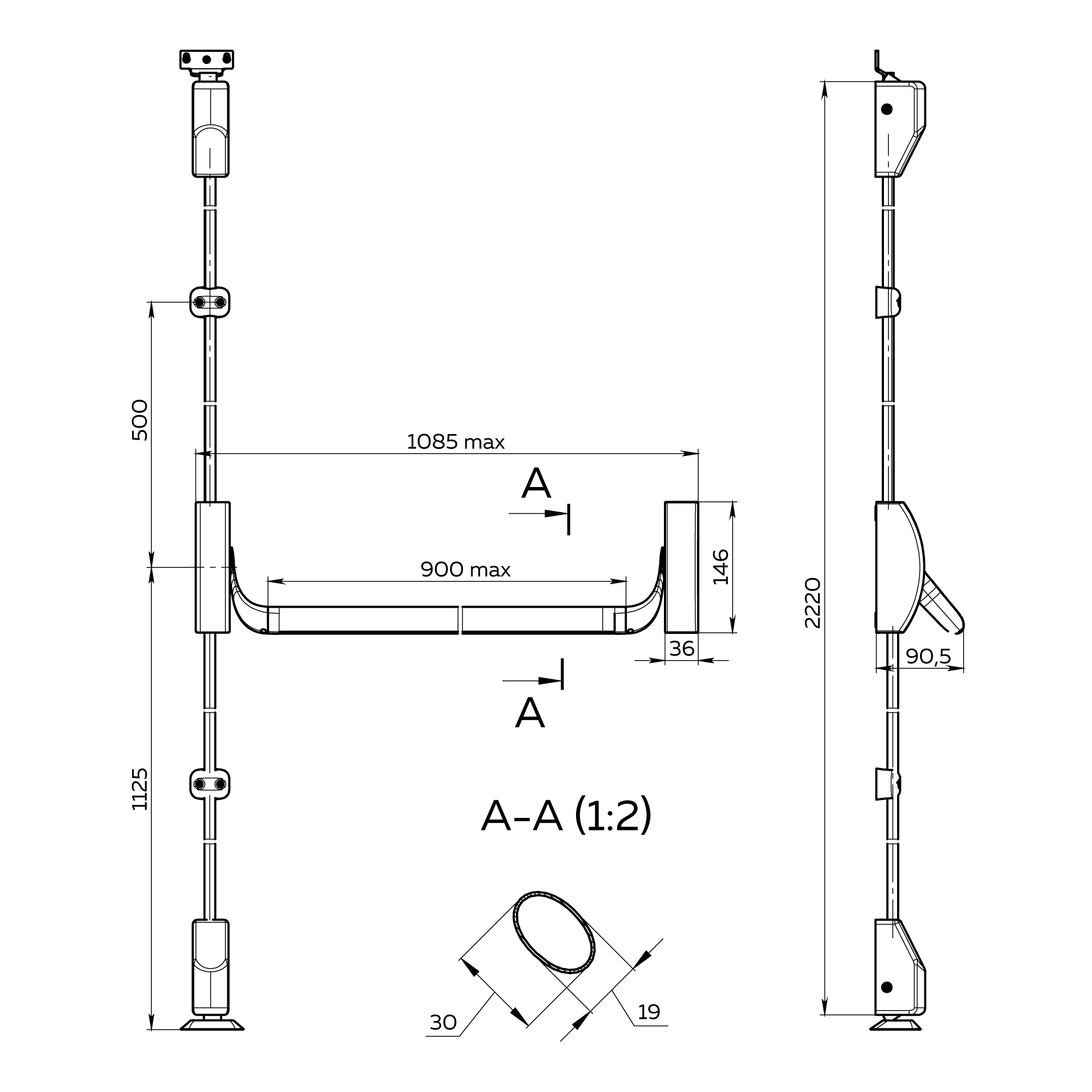 Ручка-штанга нажимная AP.1900C push-bar с тягами для двухстворчатых проф. дверей